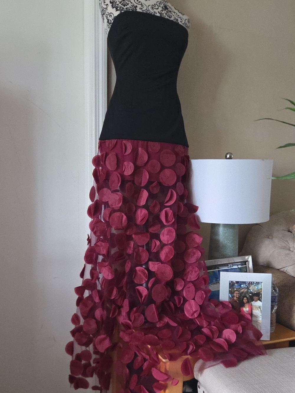 Women's Burgundy Petal-Detail Maxi Strapless Maxi Dress